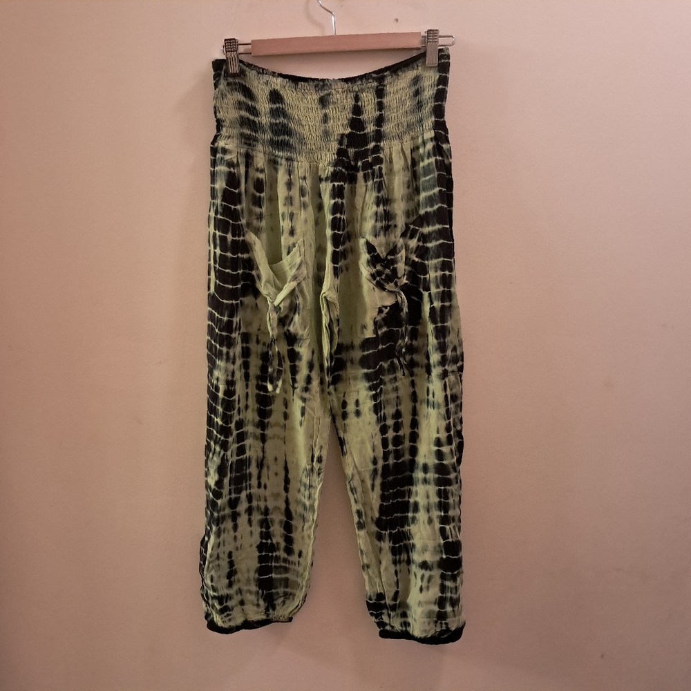 Women’s Tie-Dye Elastic Waist Harem Pants - Lime Green & Black